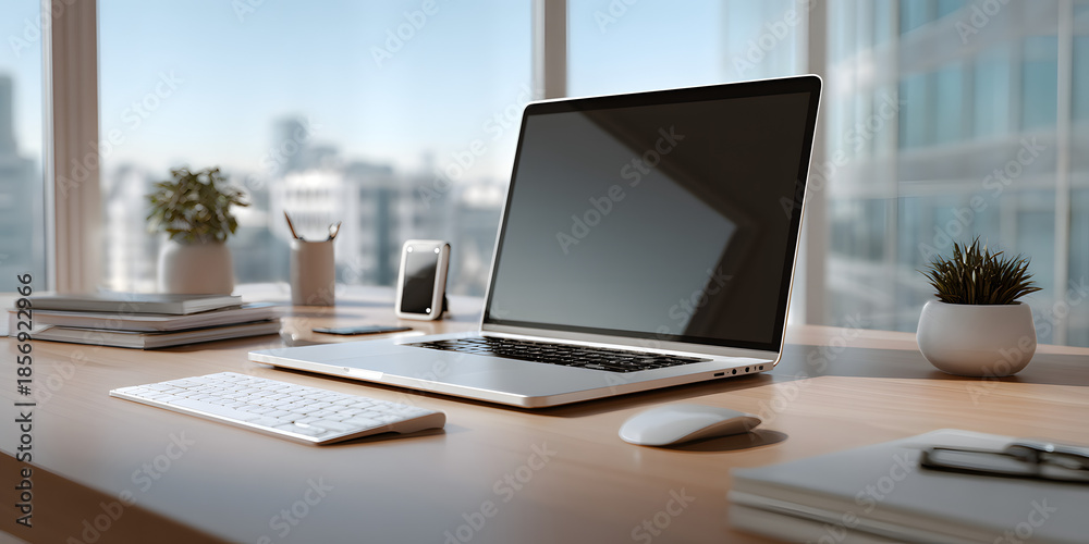Fototapeta premium Office workspace with computer and desk, suitable for layout and productivity design, background for UI layout or editorial header