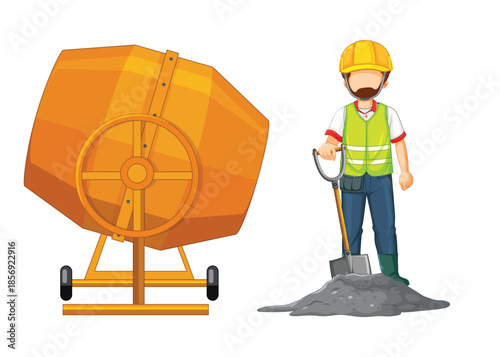 Construction worker and cement mixer on white background
