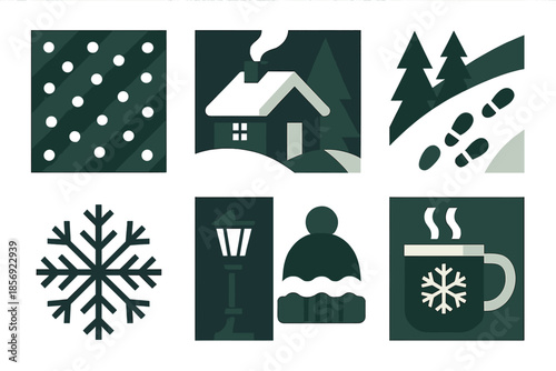 Winter Icon Set. Winter Wonder Scene in geometric flat style: falling snow, cabin, pine forest, footprints, snowflake, lamp post, hat, cocoa mug