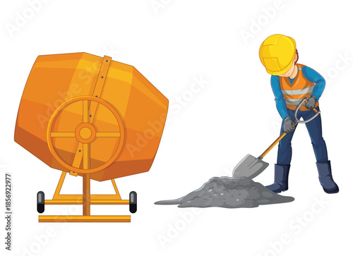 Construction worker and cement mixer on white background