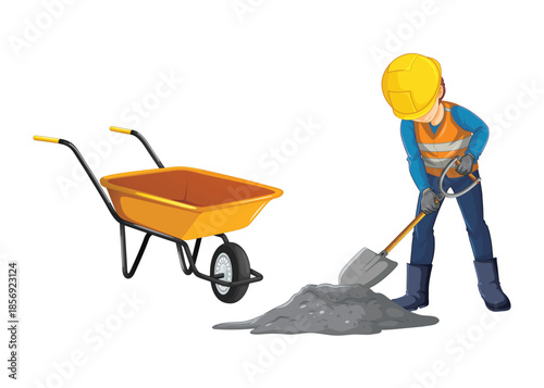 Construction worker shoveling dirt next to a wheelbarrow