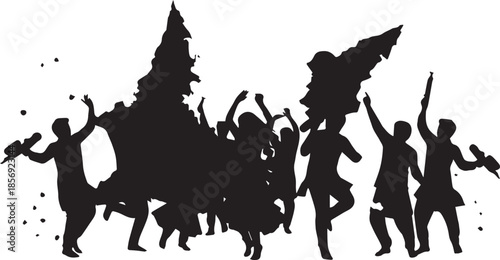 Silhouettes of people celebrating with confetti in air