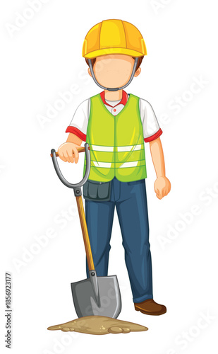 Construction worker with shovel and dirt on white background