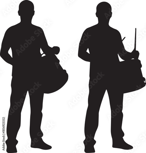 Two silhouetted men playing drums dynamically