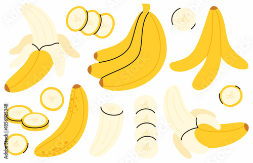 A set of yellow bananas of various shapes. A cut banana, banana slices.
