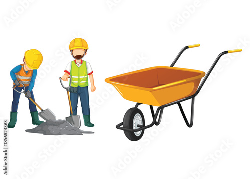 Construction workers and wheelbarrow with dirt pile
