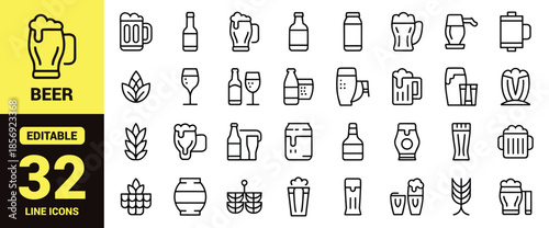 Set of Minimalist Beer and Brewery Line Icons Featuring Glassware, Mugs, Bottles, Hops, Wheat, Barrels, and Craft Beverage Celebration Symbols
