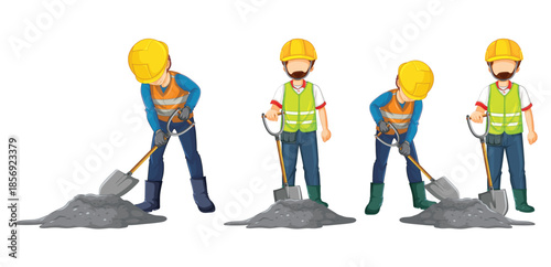 Construction workers digging and standing with shovels