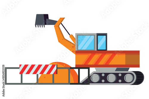 Excavator machine with construction barrier heavy machinery