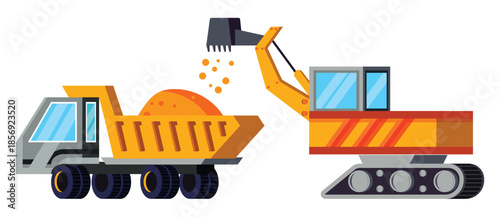 Dump truck being loaded by an excavator on white background