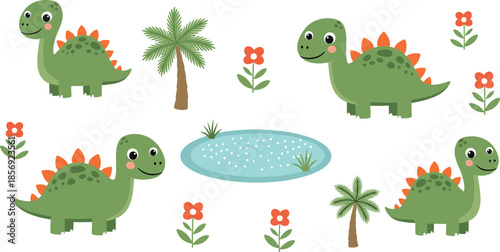 Cute cartoon dinosaur characters set with palm trees flowers and pond playful prehistoric illustration