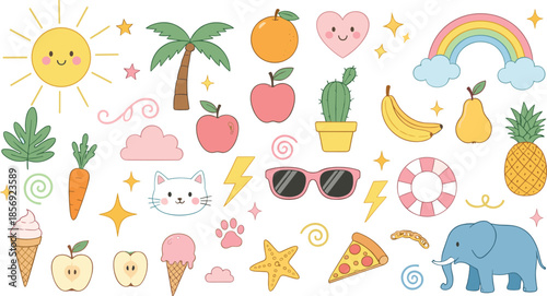 Cute cartoon doodle elements set with fruits animals weather symbols and fun icons colorful illustration collection