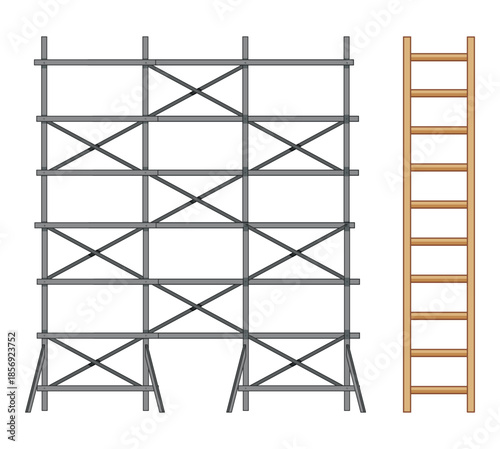 Metal scaffolding structure and wooden ladder construction