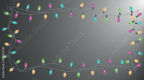 Colorful string lights frame with glowing bulbs for festive border design