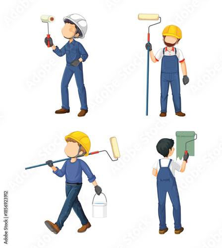 Set of painters with rollers and paint bucket worker