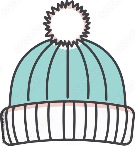 A flat vector illustration of a teal knit beanie with a white ribbed cuff and a fluffy pom-pom on top. The design features clean black outlines and a soft pastel aesthetic for winter themes.
