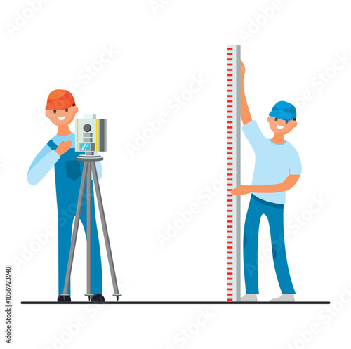 Surveyors with Measuring Equipment on White Background