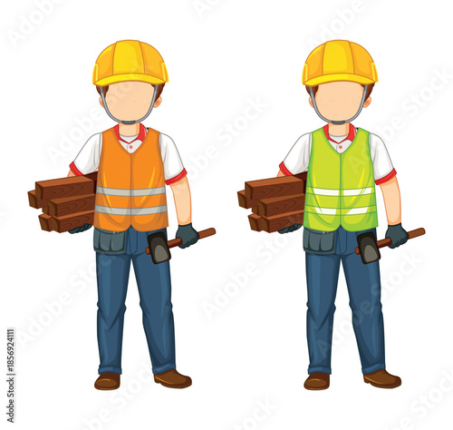 Two construction workers holding wood planks and hammers