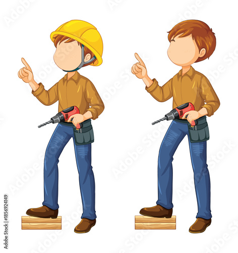 Two construction workers pointing with drills builder