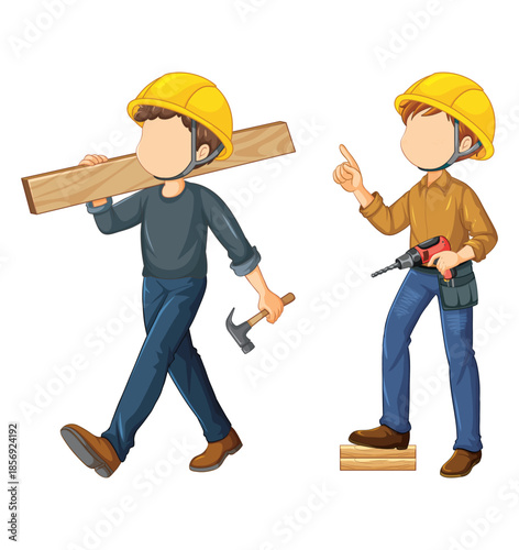 Two construction workers with lumber and drill on white background