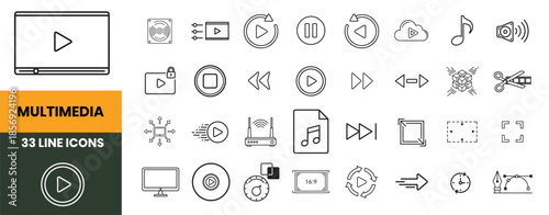 Group of 33 multimedia line icons for playback and technology on white background