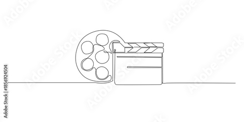 Continuous line drawing of a film reel and movie clipboard, symbolizing filmmaking production cinema planning and visual storytelling. Single line illustration suitable for film media projects.