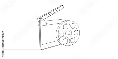 Continuous line drawing of a film reel and movie clipboard, symbolizing filmmaking production cinema planning and visual storytelling. Single line illustration suitable for film media projects.