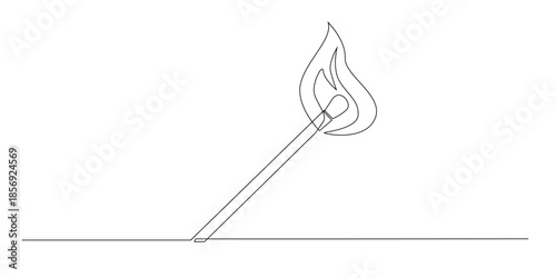 Continuous line drawing of a burning matchstick with a bright flame, symbolizing ignition, energy, warmth, and the start of an idea. Single line illustration for fire concepts.
