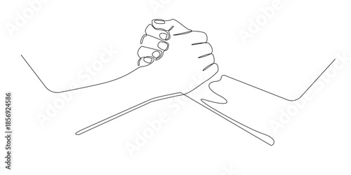 Continuous line drawing of two hands arm wrestling, symbolizing strength, competition, determination, and rivalry in a dynamic contest. Single line illustration.