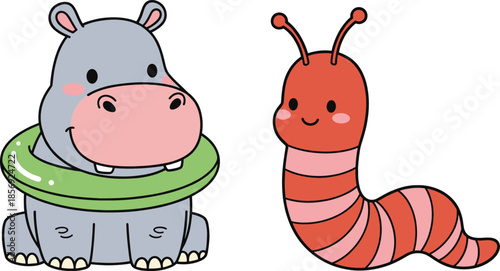 Cute cartoon hippopotamus and worm characters playful animal illustration set for kids designs