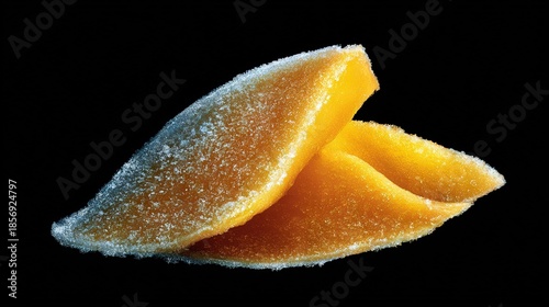   A close-up image of a fruit with sugar coating against a dark background