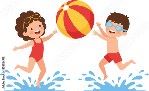 Cute cartoon kids playing with beach ball in water happy summer vacation illustration set