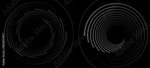 Modern abstract background. Halftone dots in circle form. Spiral logo, icon or design element. Black dots on a white background and white dots on the black side.
