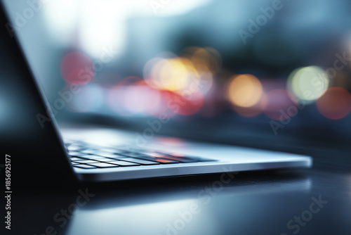 Close-up of a laptop computer resting on a table, featuring a blurred bokeh background