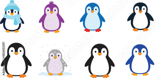 Cute cartoon penguin characters set in different styles winter animals playful children illustration collection isolated