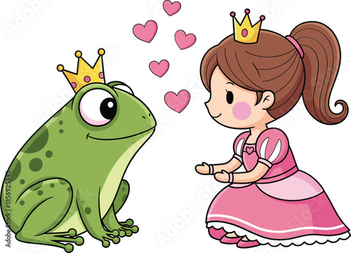 Cute cartoon princess and frog prince love scene fairy tale romance illustration for kids designs