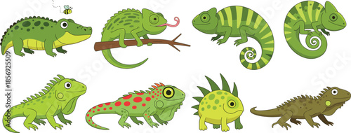 Cute cartoon reptiles collection featuring lizards chameleons and crocodile characters playful wildlife illustration set