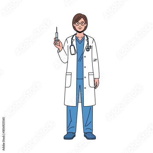 A male doctor wearing a white lab coat and stethoscope holding a syringe in his right hand standing against a white background