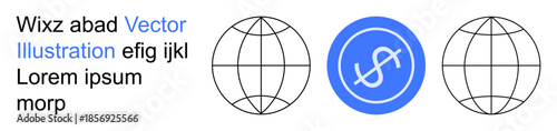 Finance, global economy, international trade, currency exchange, online payments, globalization. Blue dollar sign icon flanked by two globe outlines. Finance and global economy concept