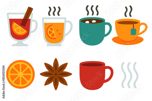 Seasonal Beverage Icons. Seasonal Sips modern flat vector icons: mulled wine, spiced cider, hot chocolate, tea cup, orange slice, star anise, mug, steam