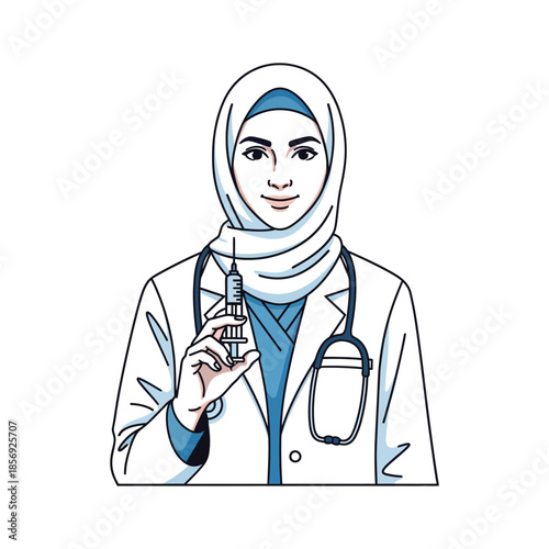 A female doctor wearing a hijab holding a syringe in her hand
