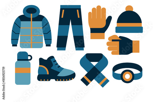 Arctic Gear Icons. Arctic Workout Gear in geometric flat style: puffer jacket, insulated pants, snow gloves, beanie, thermos, frost-resistant shoes, scarf, headlamp