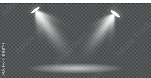 Dual white spotlight light beams with glowing dust particles  for stage lighting effect