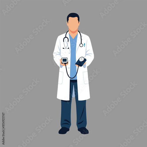 Doctor holding a stethoscope and sphygmomanometer standing against a plain gray background