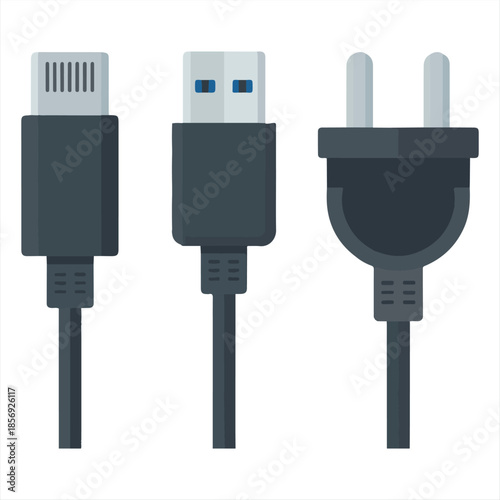 Electronic Power and Data Connectors Set: Vector Illustration of USB Type-A, HDMI, and European AC Power Plug for Technology and Hardware Connectivity