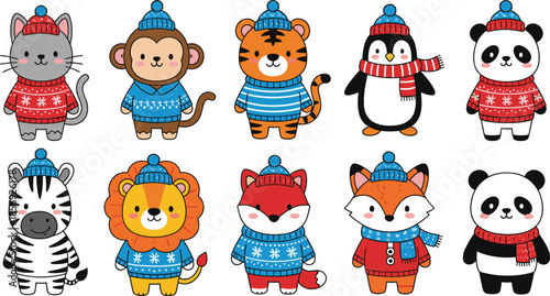 Cartoon animals in winter clothes, festive sweaters and hats, cute characters for holiday design, children’s illustration, seasonal vector art