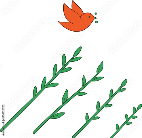 Flying red bird with green plants, nature growth concept, cartoon wildlife scene, stylized eco design, flat vector illustration