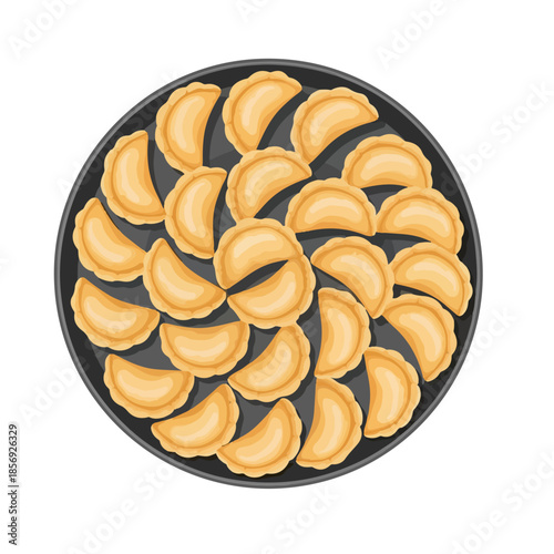 Baked Dumplings in Pan Flat Vector Illustration