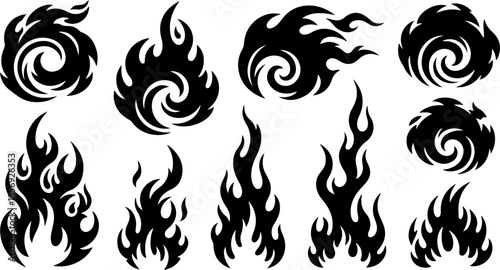Stylized Flame and Fire Icon Set Vector Collection