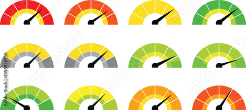 Gauge indicator collection, performance meter graphics, colored status dials, dashboard evaluation elements, data visualization template, flat vector illustration